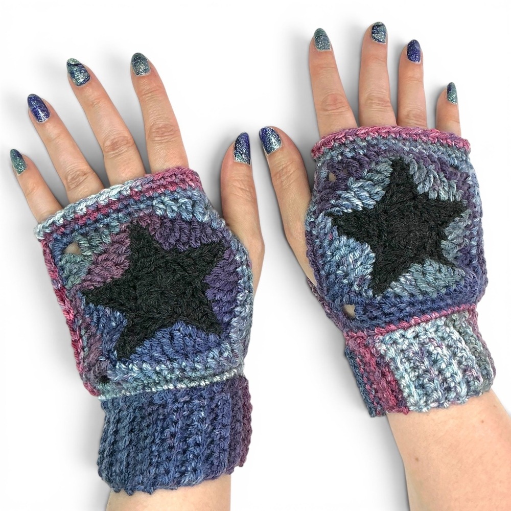 Handmade Purple Star Crochet Fingerless Gloves Women One Size Wrist Warmers